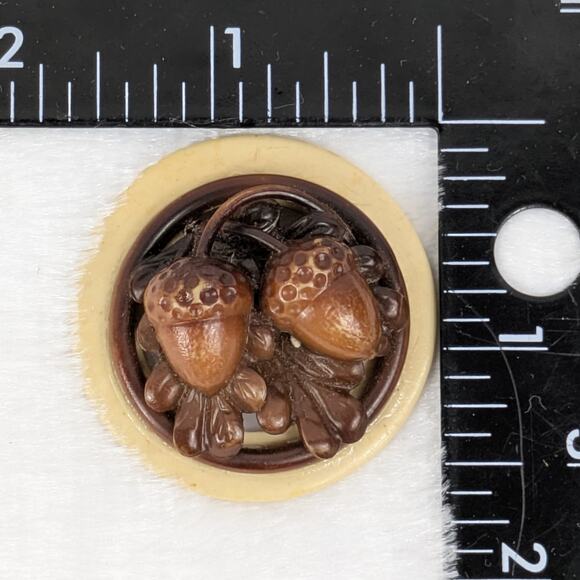 Marion Weeber 1.625" Carved Acorn Celluloid Button Glued to Cream Buckle Base - Picture 7 of 7
